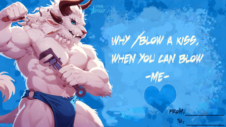 4_ears abs alternate_species anthro armpit_tuft biceps blue_background blue_clothing blue_eyes body_hair bottomwear bulge chest_tuft clothing fangs fist flexing fur happy_trail heart_symbol heterochromia holidays horn light logo loincloth male mane monkey_wrench multi_ear muscular muscular_anthro muscular_male muscular_thighs navel pawpads simple_background solo standing suggestive_text tail tail_tuft teeth text tools tuft valentine's_day_card white_body white_fur white_mane yellow_eyes dimastarz guild_wars league_of_legends riot_games tencent valentine's_day rengar_(lol) charr felid mammal 2025 colored digital_media_(artwork) digital_painting_(artwork) english_text hi_res lighting painting_(artwork) shaded