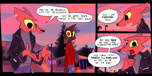 anthro bodily_fluids dialogue duo ear_piercing ear_ring female male piercing ring_piercing tears text macholobo night_in_the_woods gregg_lee mae_borowski canid canine domestic_cat felid feline felis fox mammal absurd_res comic english_text hi_res