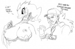 big_breasts breasts duo female hair jewelry long_hair male nipples text text_on_jewelry sunibee nintendo pokemon n_(pokemon) generation_5_pokemon human legendary_pokemon mammal pokemon_(species) reshiram english_text monochrome sketch