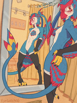 anthro arm_warmers armwear blush clothing fitting_room legwear looking_at_viewer male mirror mirror_reflection reflection solo talking_to_viewer thigh_highs eyeball6300_(chiv) phi_(nyctibius) avian nevrean 3:4 hi_res