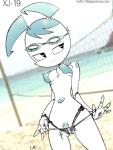 bikini breasts clothing eyewear female goggles machine navel not_furry smile solo swimwear text two-piece_swimsuit under_boob unusual_navel fluffy_(artist) my_life_as_a_teenage_robot nickelodeon jenny_wakeman robot 2007 url