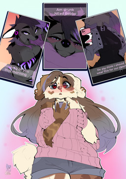 anthro biped blood blush bodily_fluids bottomwear breasts claws clothed clothed_anthro clothed_female clothing duo female fingers front_view fully_clothed fully_clothed_anthro fully_clothed_female fur hair looking_at_viewer lying nosebleed nude nude_anthro nude_female on_side smile standing tail topwear cocoline_(artist) cocoline turta_(cocoline) canid canine canis domestic_dog mammal wolf 2025 digital_drawing_(artwork) digital_media_(artwork) hi_res