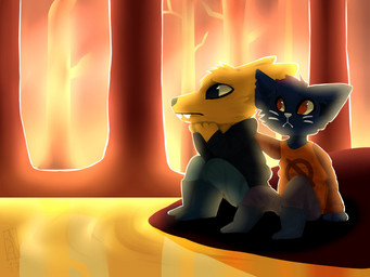 anthro biped clothed clothing detailed_background duo ears_down fangs female hand_on_back jacket male outside pivoted_ears plant red_eyes sad sitting snout sunset teeth topwear tree yellow_sclera randomdeidara night_in_the_woods gregg_lee mae_borowski canid canine domestic_cat felid feline felis fox mammal 4:3 full-length_portrait portrait unavailable_at_source