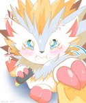 anthro blue_eyes blush duo eating ehomaki first_person_view food fur makizushi pov_hand_holding spines sushi white_body white_fur digital_itachi7 bandai_namco digimon digimon_(species) herissmon