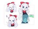 accessory angry anthro blue_eyes blush bow_(feature) bow_accessory bow_ribbon breasts centered_hair_bow clothing eyes_closed female fur hair_accessory hair_bow hair_ribbon happy jacket kemono kerchief long_ears ribbons scarf smile text topwear white_body white_fur namagakiokami nintendo star_fox fay_(star_fox) slippy_toad amphibian canid canine canis domestic_dog frog mammal japanese_text