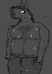 anthro arm_hair barazoku barely_visible_genitalia barely_visible_penis belly belt belt_buckle big_pecs biped bodily_fluids body_hair buckle bulge chest_hair clothed clothing detailed_bulge genital_fluids genital_outline genitals hand_in_pocket happy_trail leaking_precum male male_anthro musclegut muscular navel nipples pecs peeking_penis penis pockets precum precum_through_clothing side_view slightly_chubby smile smirk solo stubble sweat sweaty_body sweaty_pecs topless topless_male wet wet_clothing momo_thewitchcat pixiefentanyl downtown_skybox_(hrt) equid equine horse mammal