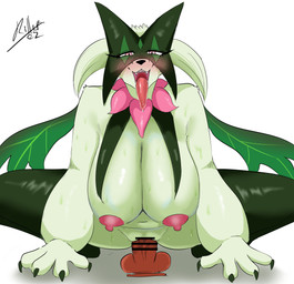 4_fingers anthro areola big_breasts biped black_nose blush blush_lines breasts censored_dildo censored_genitalia censored_sex_toy censored_vulva claws crouching dildo dildo_in_vagina dildo_insertion eyelashes fangs female female_anthro finger_claws fingers fixed_dildo fixed_toy frill_(anatomy) fur genitals glistening glistening_body glistening_breasts green_body green_claws green_fur green_mask hanging_breasts huge_breasts knot knotted_dildo looking_at_viewer mask navel neck_frill nipples nude nude_anthro nude_female open_mouth penetration pink_areola pink_eyes pink_nipples pupils red_dildo sex_toy sex_toy_in_vagina sex_toy_insertion simple_background slit_pupils solo spread_legs spreading teeth tongue tongue_out vaginal vaginal_penetration veiny_dildo vulva wearing_mask white_background killer._ez nintendo pokemon felid generation_9_pokemon mammal meowscarada pokemon_(species) 2025 absurd_res censored digital_drawing_(artwork) digital_media_(artwork) hi_res signature