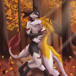 ambiguous_gender anthro autumn duo ear_piercing eyes_closed hug open_mouth outside piercing tail tail_tuft tongue tuft conditional_dnp teremunart sheza teremun_(teremunart) sergal 1:1 hi_res