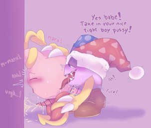 against_surface against_wall anal anal_orgasm anal_penetration animal_genitalia anus blue_eyes blush blush_lines blushing_profusely bodily_fluids bodyguard_position censor_bar censored_genitalia censored_penis clothing cum cum_from_ass cum_in_ass cum_inside cum_on_ground cum_on_wall cum_while_penetrated cumshot dialogue dirty_talk duo ejaculation ellipsis erection exclamation_point eyes_closed feet fool's_hat from_behind_position genital_fluids genital_slit genitals hands-free hat headgear headwear ineffective_censorship leg_grab licking licking_another licking_partner long_tongue male male/male onomatopoeia orgasm penetration penile penile_penetration penis penis_in_ass pink_anus pink_body pink_penis puffy_anus purple_background purple_body red_body restrained sex side_view simple_background sound_effects standing standing_sex talking_to_another talking_to_partner talons tapering_penis text thrust_lines toes tongue tongue_out white_fangs wings ariarik_o0 kirby_(series) nintendo kirby marx_(kirby) waddling_head 2022 censored digital_drawing_(artwork) digital_media_(artwork) english_description english_text
