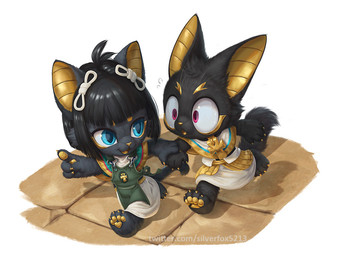 accessory ankh anthro apron black_body black_fur black_hair blue_eyes chibi claws clothed clothing collar duo female fully_clothed fur gesture hair hair_accessory hand_gesture hand_holding male open_mouth pawpads pointing pupils purple_eyes running slit_pupils yellow_body silverfox5213 egyptian_mythology middle_eastern_mythology mythology anubis bast anubian_jackal canid canine canis deity domestic_cat felid feline felis jackal mammal 2025