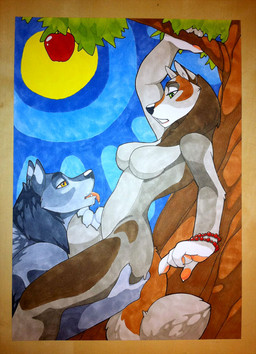 against_natural_surface against_surface against_tree anthro apple bodily_fluids breasts cum cunnilingus duo female food fruit genital_fluids male male/female nude oral outside plant sex sky sun tail tree vaginal vaginal_fluids wood wolfy-nail canid canine canis mammal wolf 2011 marker_(artwork) traditional_media_(artwork)