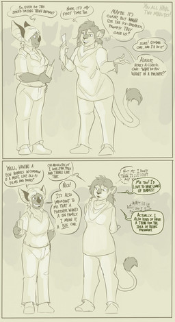 anthro belly beverage big_belly bottomwear chin_piercing clothed clothed_anthro clothed_female clothed_male clothing collared_shirt dialogue duo ear_piercing expansion female flirting flustered holding_beverage holding_object huge_belly male mind_control pants piercing shirt smile speed_dating sweater tail text topwear fenris49 alex_novak bat felid lion mammal pantherine absurd_res comic english_text full-length_portrait green_monochrome hi_res monochrome portrait