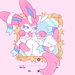 ambiguous_gender blue_eyes blush blush_lines bow_(anatomy) covering covering_crotch fangs feral fur half-closed_eyes looking_at_viewer lying media_player narrowed_eyes on_back open_mouth paws pink_body pink_fur ribbons_(anatomy) simple_background solo spread_legs spreading tail teeth white_body white_fur sylvpak nintendo pokemon eeveelution generation_6_pokemon pokemon_(species) sylveon 2025 hi_res