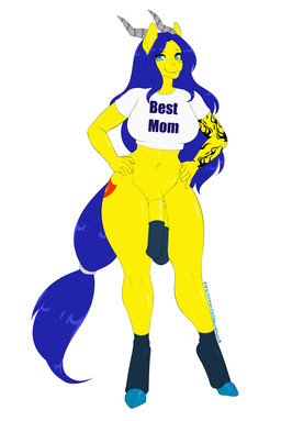 2_penises animal_genitalia animal_penis anthro bottomless breasts clothed clothing diphallism equine_genitalia equine_penis flaccid genitals gynomorph hands_on_hips hooves horn intersex looking_at_viewer multi_genitalia multi_penis navel penis smile solo standing tattoo vertical_diphallism wide_hips kitsunewaffles-chan equid equine mammal 2019 dated digital_media_(artwork)