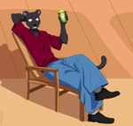 5_fingers anthro beverage black_clothing black_footwear black_nose black_shoes blue_bottomwear blue_clothing blue_pants bottomwear chair claws clothed_male clothing container cup fangs feline_tail fingers footwear front_view furniture grin hand_behind_head holding_container holding_cup holding_object kemono lemonade looking_at_viewer lounge_chair male outside pants pose raised_arm reclining red_clothing red_shirt red_t-shirt red_topwear relaxing shadow shirt sitting slim_male smile socks solo summer sunny t-shirt teeth three-quarter_view topwear whiskers tommysamash beastars netflix tao_(beastars) felid mammal pantherine absurd_res artist_name cel_shading hi_res pinup shaded