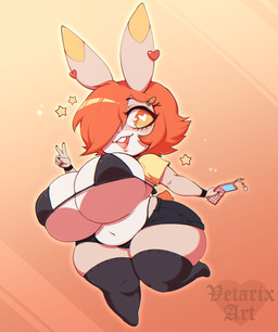 anthro belly big_breasts bikini bikini_top black_bikini black_bottomwear black_clothing black_shorts black_swimwear bottomwear breasts buckteeth carrot_hairclip cellphone chibi clothed clothing electronics eyelashes female flip_phone gesture hair hair_over_eye hand_gesture heart_ear_piercing heart_eyes heart_symbol huge_breasts legwear navel open_mouth open_smile orange_eyes orange_hair phone raised_clothing raised_shirt raised_topwear shirt shorts smile solo star swimwear tail teeth thick_thighs thigh_highs topwear two-piece_swimsuit v_sign wide_hips wristband yellow_bottomwear yellow_clothing yellow_shirt yellow_shorts yellow_topwear vetarix clare_(themushlord) lagomorph leporid mammal rabbit hi_res