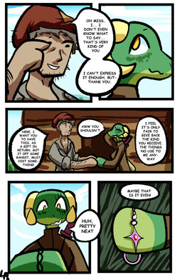 anthro clothed clothing dialogue duo female horn male melee_weapon speech_bubble sword text weapon yellow_eyes brradett lernie_(brradett) human mammal scalie absurd_res colored comic digital_media_(artwork) english_text hi_res