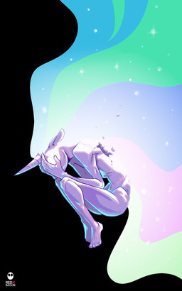 anthro anthrofied barefoot black_background bodily_fluids broken_wing crying ethereal_hair feet female glowing glowing_eyes hair horn multicolored_hair nude simple_background solo sparkles tears white_eyes wings redxbacon friendship_is_magic hasbro my_little_pony mythology princess_celestia_(mlp) equid equine mammal mythological_creature mythological_equine winged_unicorn hi_res