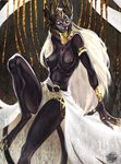 anthro armband black_body black_fur bottomwear claws clothed clothing female fur gold_(metal) gold_jewelry hair jewelry long_hair nipple_piercing nipples piercing skirt solo topless white_bottomwear white_clothing white_hair white_skirt wristband fedyaray domestic_cat felid feline felis mammal