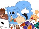 5_fingers anthro between_breasts blue_body blue_fur blue_hair breasts computer eating electronics female fingers food fur hair held_by_legs holding_object laptop looking_down lying on_front pillow plushie simple_background smile solo paperclip_(artist) pocky lettuce_(latexia) digital_media_(artwork)