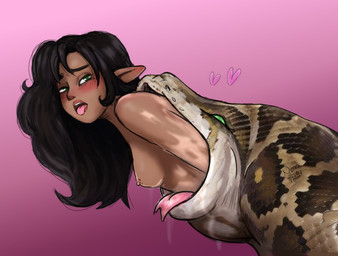 ambiguous_gender black_hair blush bodily_fluids breasts duo feet_first female female_prey feral feral_pred hair male nipples oral_vore partially_inside saliva tongue tongue_out vore neonelf elf humanoid reptile scalie snake absurd_res hi_res