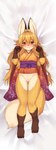 4_fingers accessory adolescent anthro asian_clothing bed_sheet bedding bell big_ears black_nose blush bottomless breasts brown_body brown_fur clothed clothing dipstick_tail east_asian_clothing eyebrows female fingers fur genitals hair hair_accessory japanese_clothing kemono kimono leg_markings long_hair lying markings obi on_back open_mouth orange_body orange_fur orange_hair pointy_ears pounce_pose prick_ears pussy red_eyes socks_(marking) solo tail tail_markings tan_body tan_fur thick_eyebrows worried young kida_kuro_mu koko_(kishibe) canid canine fox mammal absurd_res hi_res