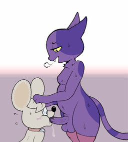 anthro balls bodily_fluids clothing collar duo eyewear fur genitals glasses hair hand_on_hair hand_on_head holding_head legwear male male/male moobs nude oral penis purple_body purple_fur saliva slightly_chubby thick_thighs thigh_highs alekoin animal_crossing nintendo bob_(animal_crossing) fan_character domestic_cat felid feline felis mammal mouse murid murine rodent hi_res
