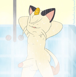 anthro balls bathing biped eyes_closed fur genitals hair hands_behind_head male mouth_closed nude_anthro nude_male penis showering solo tail white_body white_fur white_hair tentsonfire nintendo pokemon meowth_tents(tentsonfire) tents_(tentsonfire) generation_1_pokemon meowth pokemon_(species) hi_res