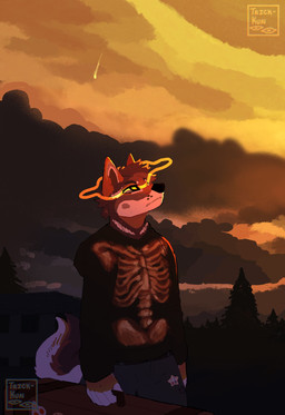 anthro black_body black_clothing black_ears black_fur black_hoodie black_tail black_topwear brown_body brown_ears brown_fur brown_hair brown_tail clothing cloud forest fur hair holding_case hoodie outside plant solo sunset tail topwear tree white_body white_ears white_fur white_tail nowheremotel ferris_(nowheremotel) canid canine canis mammal wolf 2022 hi_res watermark