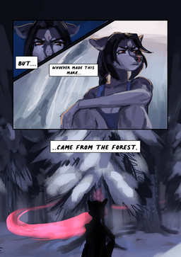 anthro breasts clothed clothing crouching female forest fur hair outside plant snow solo text topwear tree lameboast artica_(lameboast) canid canine canis domestic_dog mammal comic digital_media_(artwork) english_text hi_res