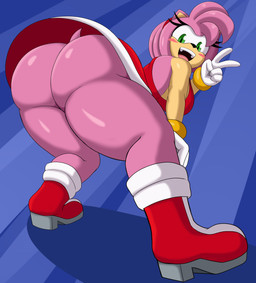 anthro bent_over big_breasts big_butt biped breasts butt clothing eyelashes female footwear glistening glistening_body green_eyes hair looking_at_viewer looking_back low-angle_view open_mouth pink_body pink_hair pupils red_clothing shoes simple_background smile solo thick_thighs wide_hips mechspazer sega sonic_the_hedgehog_(series) amy_rose eulipotyphlan hedgehog mammal absurd_res hi_res