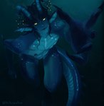 anthro athletic blue_body claws dark fin gills horn male muscular nude pose scales sea slim solo water yellow_eyes whitebaloo kaiser amphibian fish humanoid marine unknown_species hi_res pinup