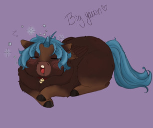 ambiguous_feral ambiguous_gender black_hooves blue_hair blue_horn blue_tail blush bodily_fluids brown_body brown_fur brown_wings buckteeth collar drooling eyes_closed feral fur hair hooves horn open_mouth purple_background red_collar saliva simple_background solo spiral_horn tail tears teeth text tongue wings yawn young young_ambiguous young_feral lemoncurds fluffy_pony mythology equid equine fluffy_pony_(species) mammal mythological_creature mythological_equine winged_unicorn 2025 digital_media_(artwork) english_text shaded