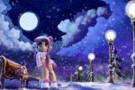 blue_eyes clothing detailed_background eyelashes female feral moon night outside scarf sky smile solo star starry_sky nemo2d friendship_is_magic hasbro my_little_pony fluttershy_(mlp) equid mammal 3:2 digital_media_(artwork) digital_painting_(artwork) hi_res painting_(artwork)