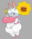 anthro armband belly belly_overhang big_belly big_breasts big_mac_(burger) blush bottomwear breasts burger clothing crotch_tuft exclamation_point female food footwear gesture hair hand_gesture huge_breasts huge_hips huge_thighs looking_at_viewer open_mouth overweight overweight_anthro overweight_female red_eyes shirt shoes shorts solo thick_thighs thought_bubble topwear tuft v_sign white_body white_hair wide_hips eldiipiid mcdonald's marina_gray_(eldiipiid) lagomorph leporid mammal rabbit hi_res