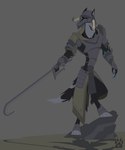 anthro armor biped claws clothed clothing fully_clothed grey_background headgear helmet hook_sword horn horned_helmet male rock simple_background solo standing weapon wolfdawg canid canine canis mammal wolf 2017 hi_res