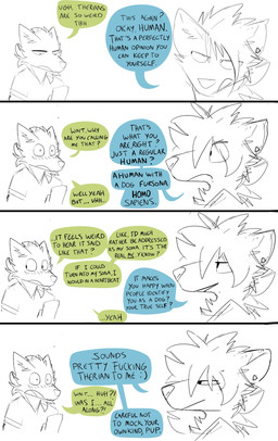 anthro clothing dialogue duo ear_piercing ear_ring electronics female humor male phone piercing ring_piercing satire shirt smile speech_bubble text therianthropy topwear pankallisti circe_(pankallisti) canid canine mammal murid murine rat rodent comic english_text hi_res