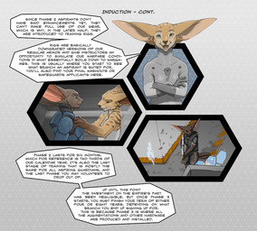 anthro big_ears blue_clothing blue_suit breasts clothing crossed_arms damage damaged damaged_wall dialogue ears_flat female fur green_eyes grey_background grey_clothing grey_suit group gun hallway holding_gun holding_object holding_ranged_weapon holding_weapon hologram inside long_ears looking_at_viewer male markings ranged_weapon simple_background skinsuit skintight_suit smile smiling_at_viewer standing striped_body striped_fur striped_markings stripes suit tail text tight_clothing weapon ipoke neia_(ipoke) felid feline mammal si'itiae english_text