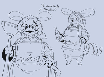 3_toes anthro apron barefoot belly big_tail bottle breasts broom buckteeth cleaning_tool clothed clothing container dialogue digitigrade eyelashes fangs feet female freckled_face freckles furgonomic_headwear furgonomics hand_on_hip holding_object hood paws slightly_chubby solo tail teeth text toes nonientalz atlyss sally_(atlyss) american_opossum chang_(atlyss) mammal marsupial alternate_version_at_source black_and_blue english_text hi_res monochrome