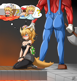 alternate_species axe bdsm bedding blanket blonde_hair blue_eyes blush bodily_fluids bracelet breasts cleavage clothed clothing collar crossgender crown crying dress duo ear_piercing ear_ring female fully_clothed hair headgear horn humanoidized jewelry kneeling lava male melee_weapon overalls piercing ring_piercing shell spiked_bracelet spiked_collar spiked_shell spikes spikes_(anatomy) spiral spiral_eyes submissive submissive_female super_crown sweat tears thought_bubble topless weapon nopparuj_got bowsette_meme mario_bros nintendo bowser mario animal_humanoid human humanoid koopa mammal scalie digital_media_(artwork) hi_res meme