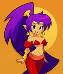 breasts cleavage clothed clothing ear_piercing ear_ring female hair humanoid_pointy_ears long_hair looking_at_viewer not_furry open_mouth open_smile piercing pointy_ears ponytail purple_hair ring_piercing simple_background smile solo tan_body tan_skin dingitydingus shantae_(series) wayforward shantae genie humanoid hi_res signature