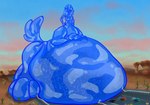 blue_body breasts car desert destruction female food_inflation goo_vore highway inflation macro outside resting_on_belly slime small_upper_body solo translucent translucent_body vehicle vore weight_gain acacia_dune bluemette canid canine canis domestic_dog goo_creature mammal taur