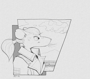 anthro bandage bandage_on_face bandage_on_nose breasts buckteeth clothed clothing cloud coat female hair mountain outside ponytail sky solo teeth tied_hair topwear train vehicle whiskers gompami mammal murid murine rat rodent bust_portrait digital_media_(artwork) greyscale hi_res monochrome portrait