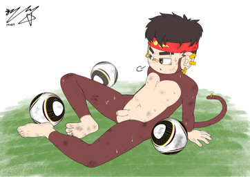 5_fingers 5_toes accessory anthro ball balls belly bodily_fluids dirty dirty_feet ear_piercing eyebrow_piercing facial_piercing feet fingers foreskin genitals glans hair hair_accessory hairband half-closed_eyes humanoid_genitalia humanoid_penis male narrowed_eyes nipples nude nude_anthro nude_male penis piercing pink_glans shota simple_background soccer_ball solo sweat tail tan_balls tan_penis text toes young young_anthro young_male herobrine98 o_kong_(herobrine98) animal_humanoid haplorhine humanoid mammal mammal_humanoid monkey primate absurd_res digital_media_(artwork) english_text hi_res