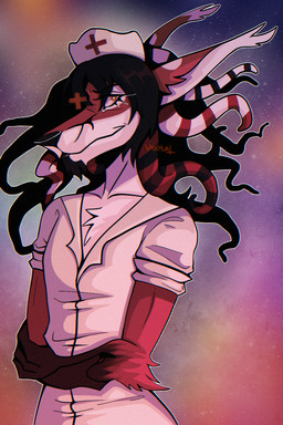 abstract_background anthro arm_tuft bangs chest_tuft clothing ear_tuft elbow_tuft eyelashes facial_hair headgear headwear male nurse nurse_clothing nurse_headwear pseudo_hair simple_background solo tentacle_hair tentacles tuft vaxhunt lapfox_trax renard_queenston canid canine fox hybrid mammal procyonid raccoon 2:3 hi_res