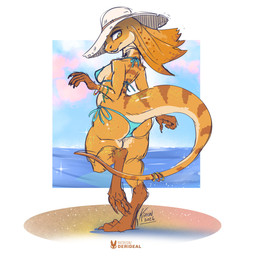 accessory anthro beach bikini bikini_bottom bikini_top bracelet breasts butt claws clothed clothing countershading dipstick_tail feet female frill_(anatomy) furgonomics gloves_(marking) hat headgear headwear jewelry leg_markings looking_back markings non-mammal_breasts orange_body rear_view sand side-tie_bikini skimpy_bikini sky smile socks_(marking) solo spots string_bikini stripes swimwear tail tail_accessory tail_bracelet tail_jewelry tail_markings teeth two-piece_swimsuit water yellow_eyes kiaun abby_(user55) agamid frilled_lizard lizard reptile scalie hi_res