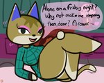 anthro bedroom_eyes bottomless breasts clothed clothing crossed_legs female first_person_view half-closed_eyes inviting legs_up looking_at_viewer narrowed_eyes nipple_outline seductive solo sweater text thick_thighs topwear klutzatdusk alone_on_a_friday_night_(meme) animal_crossing nintendo kitty_(animal_crossing) domestic_cat felid feline felis mammal english_text