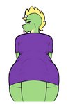 anthro bottomless butt clothed clothing female looking_at_viewer looking_back presenting purple_clothing shirt simple_background solo tail tongue tongue_out topwear white_background digitalpelican mythology sasha_(digitalpelican) dragon lizard mythological_creature mythological_scalie reptile scalie 2022