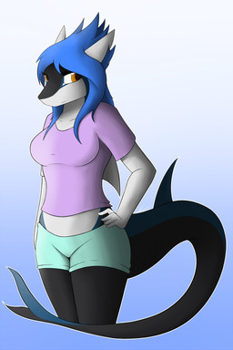 anthro blue_hair bottomwear breasts clothing eyelashes female hair midriff non-mammal_breasts shirt shorts solo topwear zigzagmag sophie_(zigzagmag) aquatic fish shark 2015 2:3 hi_res