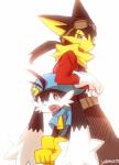 anthro belt blush clothed clothing duo eyewear fangs fur gloves goggles handwear hat headgear headwear male open_mouth simple_background teeth young zipper yamatoooooo bandai_namco klonoa_(series) guntz klonoa canid canine canis domestic_cat felid feline felis mammal wolf